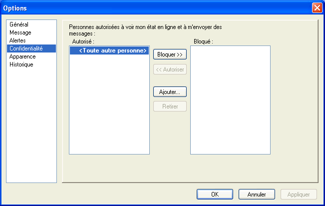 Bo�te de dialogue Options affichant la page Confidentialit�