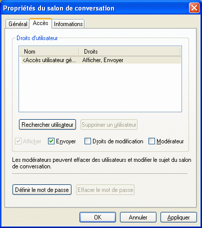 Page Propriétés du salon de conversation