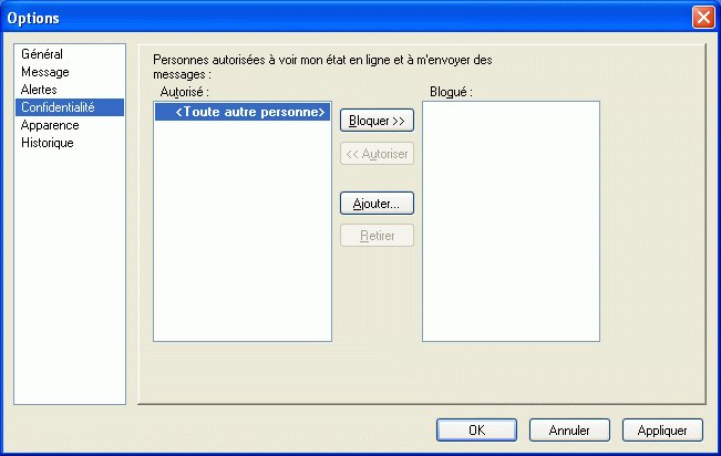 Boîte de dialogue Options affichant la page Confidentialité