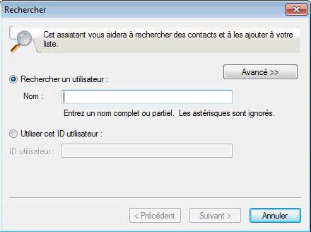 Boîte de dialogue de recherche de contacts