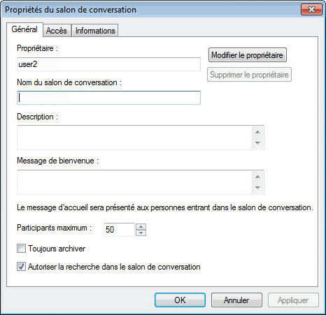 Boîte de dialogue Créer un salon de conversation