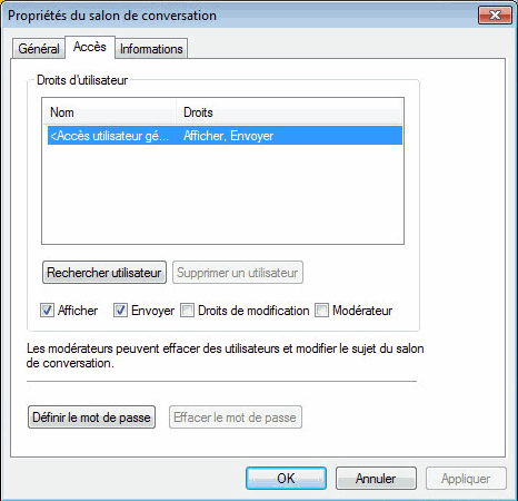Page Propriétés du salon de conversation