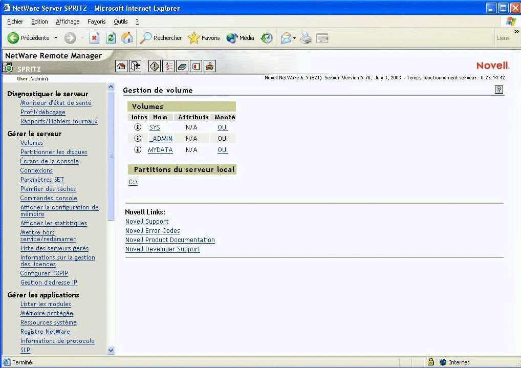 L'interface NetWare Remote Manager.