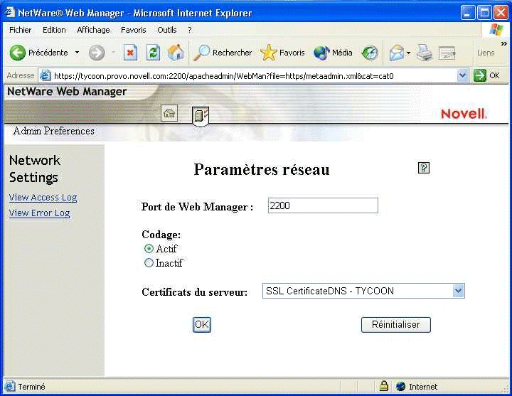 NetWare Web Manager utilis pour configurer les prfrences de la version d'administration du site Web Bienvenue.