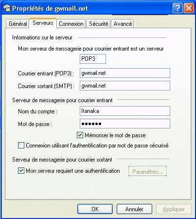 Page de propriétés Serveurs pour les comptes de messagerie