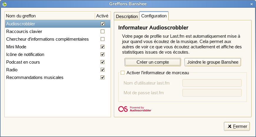 Page de configuration Audioscrobbler