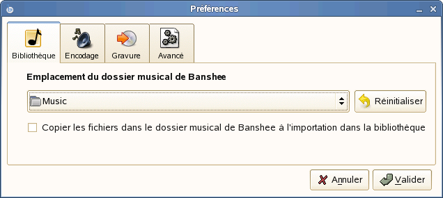 Boîte de dialogue de préférences Helix Banshee