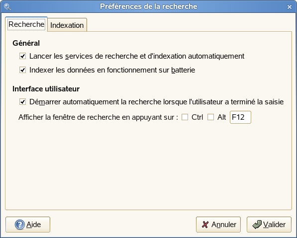Boîte de dialogue Préférences de recherche