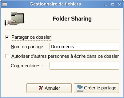 Boîte de dialogue Partage de dossier