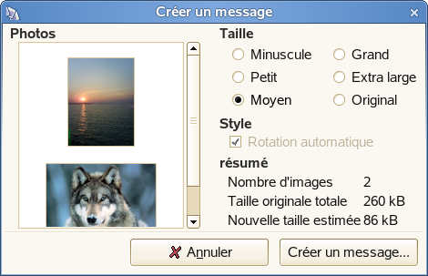 Boîte de dialogue de création de message F-Spot