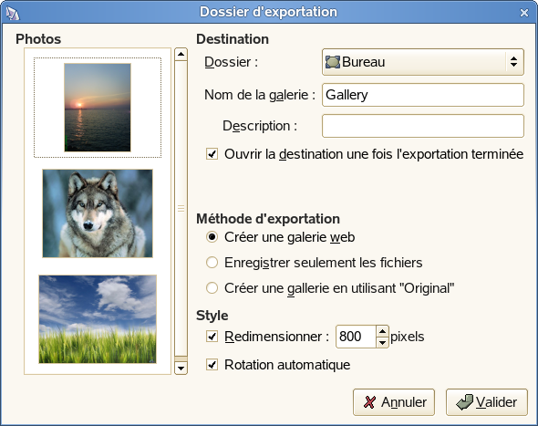 Boîte de dialogue Dossier d'exportation