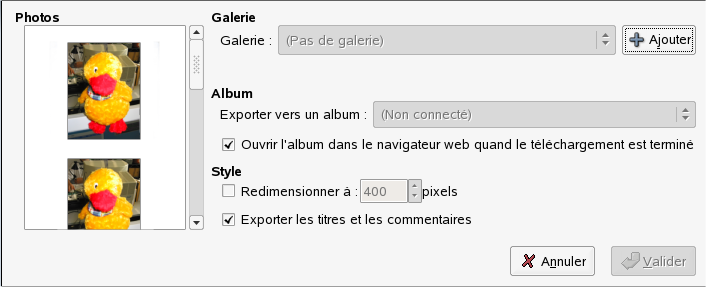 Boîte de dialogue Exporter vers galerie Web