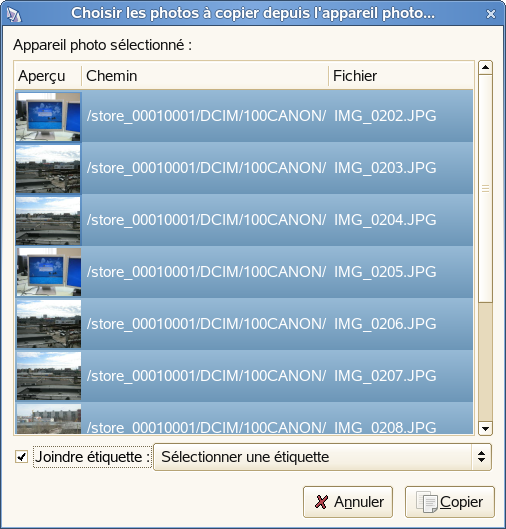 F-Spot, importation depuis un appareil photo