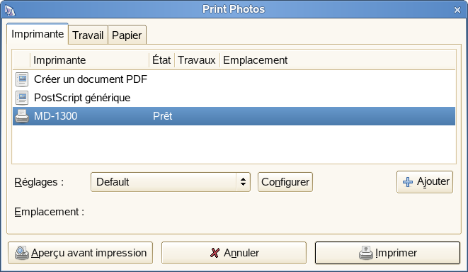 Boîte de dialogue d'impression de photos F-Spot