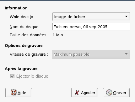 Boîte de dialogue Écrire sur le disque
