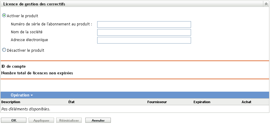 Page Licence de gestion des correctifs