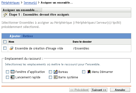 Assistant Assigner un ensemble : page Ensembles devant être assignés