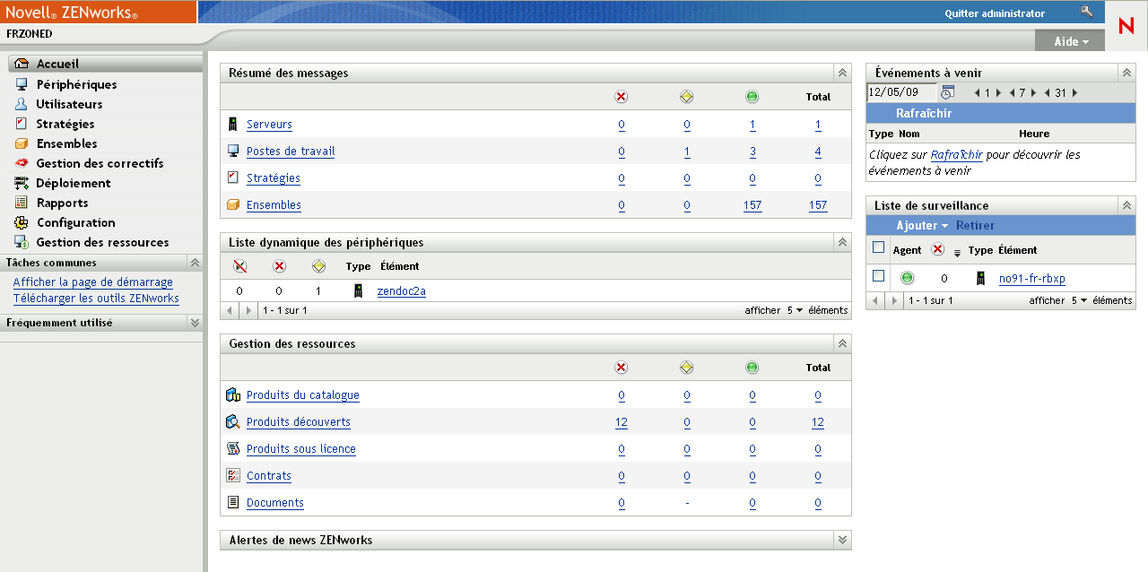 page d'accueil du Centre de contrôle ZENworks