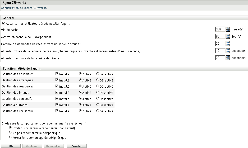 Page Agent ZENworks > panneau Fonctionnalités de l'agent