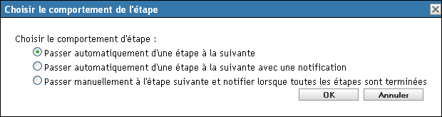 Boîte de dialogue Modifier le comportement d'étape
