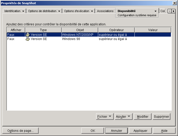 Objet Application > onglet Disponibilit > page Configuration systme requise