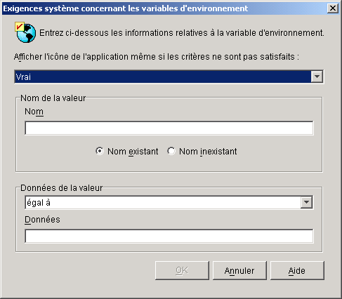 Bote de dialogue Variables d'environnement requises