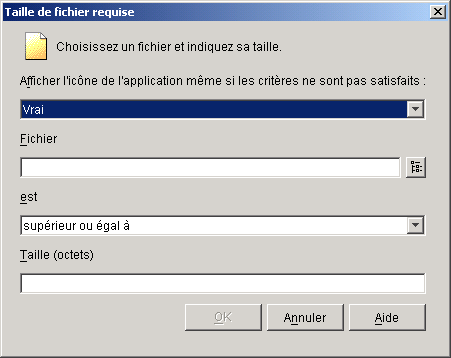 Bote de dialogue Taille de fichier requise