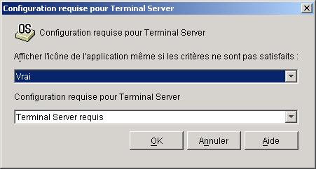 Bote de dialogue Configuration requise pour Terminal Server