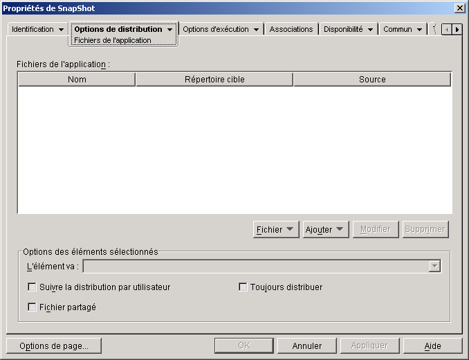 Objet Application > onglet Options de distribution > page Fichiers de l'application 