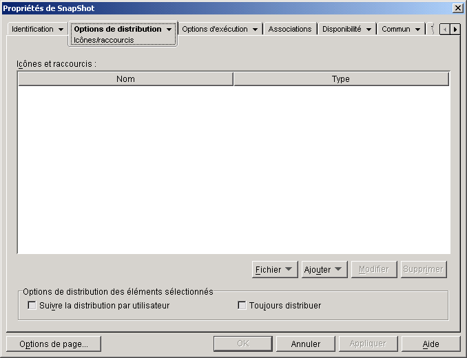 Objet Application > onglet Options de distribution > page Icnes/Raccourcis