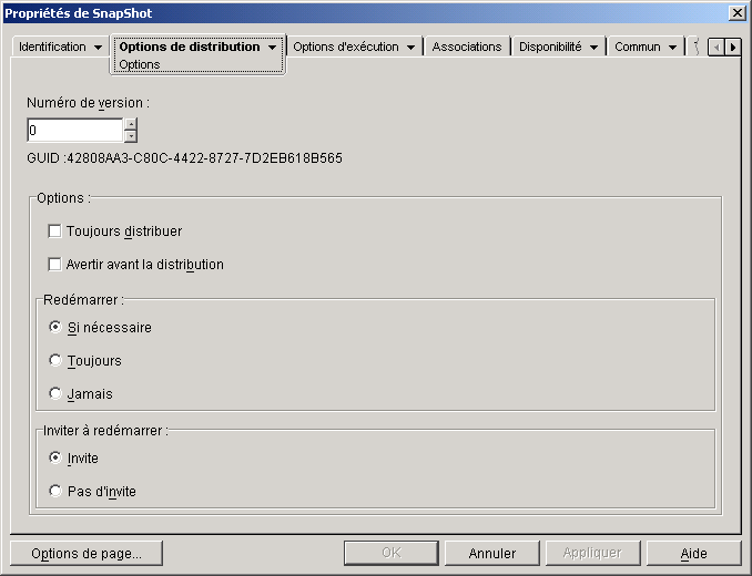 Objet Application > onglet Options de distribution > page Options 