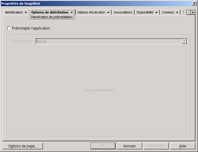 Objet Application > onglet Options de distribution > page Planification de prinstallation