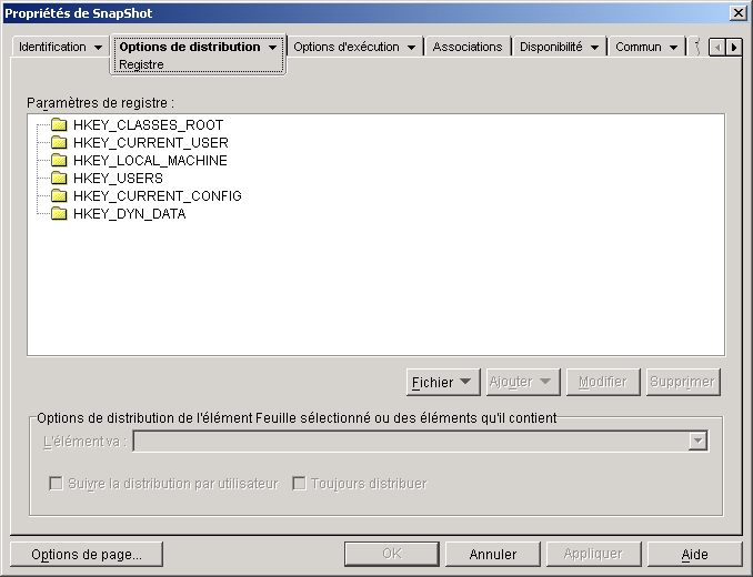 Page Registre de l'objet Application