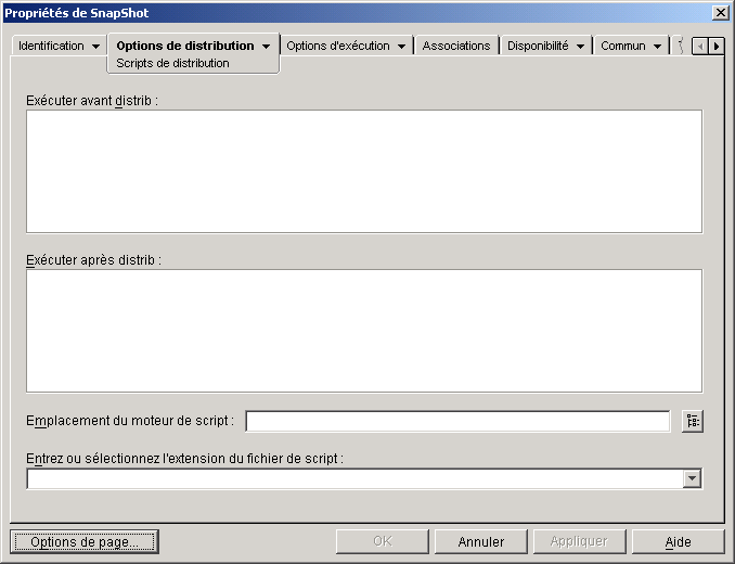 Objet Application > onglet Options de distribution > page Scripts de distribution