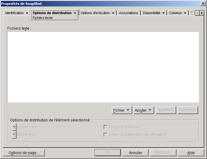 Objet Application > onglet Options de distribution > page Fichiers texte