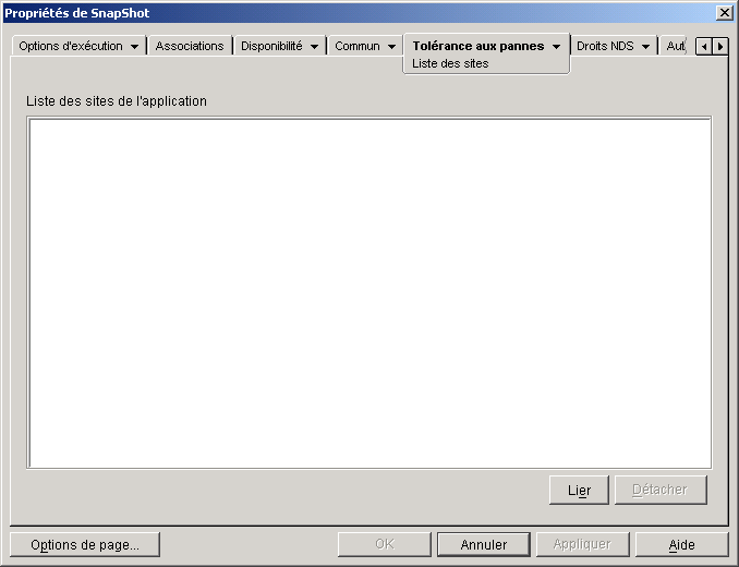 Page Liste de sites d'un objet Application
