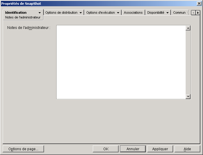 Objet Application > onglet Identification > page Notes de l'administrateur