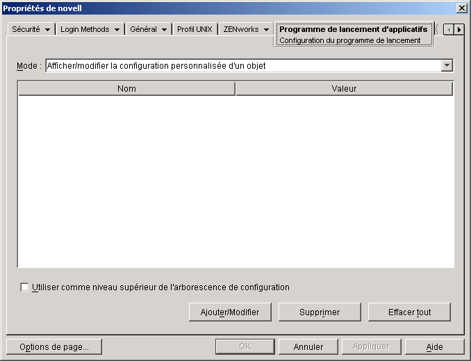 Page Configuration du programme de lancement d'un objet conteneur
