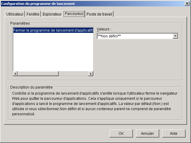 Bote de dialogue Configuration du programme de lancement avec l'onglet Parcoureur affich