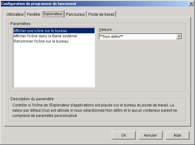 Bote de dialogue Configuration du programme de lancement avec l'onglet Explorateur affich