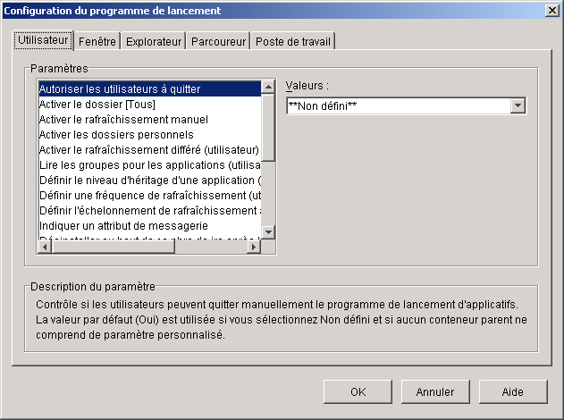 Page Configuration du programme de lancement avec l'onglet Utilisateur affich