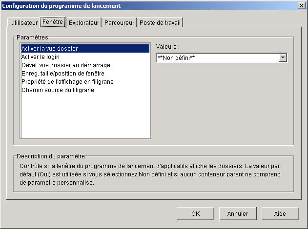 Bote de dialogue Configuration du programme de lancement avec l'onglet Fentre affich