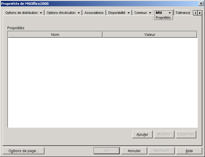 Objet Application > onglet MSI > page Proprits
