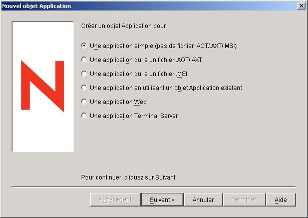 Boîte de dialogue de la nouvelle application