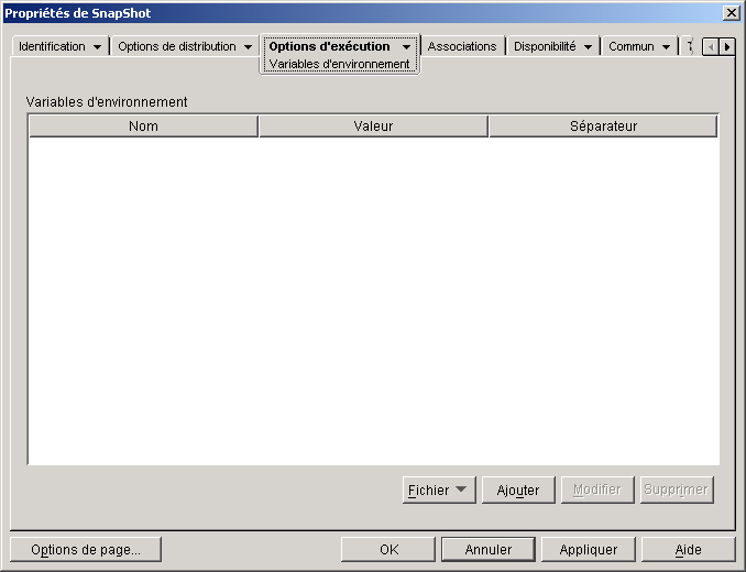 Objet Application > onglet Options d'excution > page Variables d'environnement
