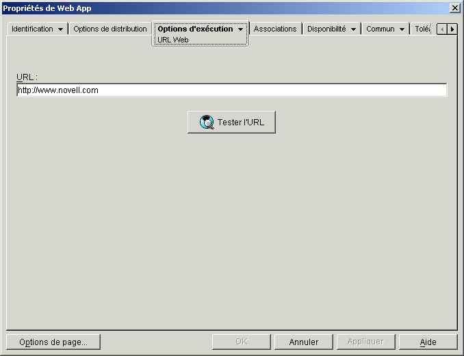Objet Application > Onglet Options d'excution > Page URL Web