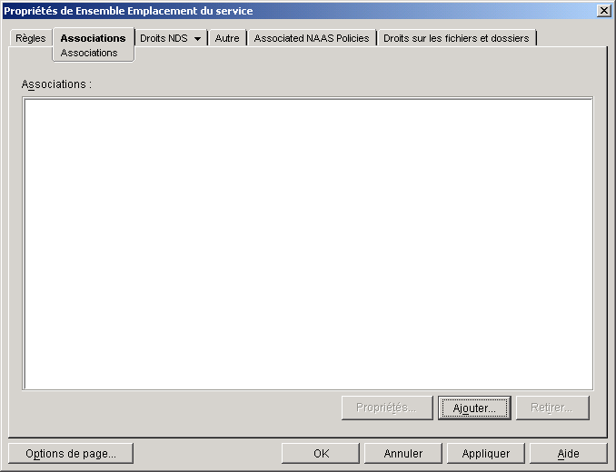 Page Associations de l'ensemble Emplacement du service