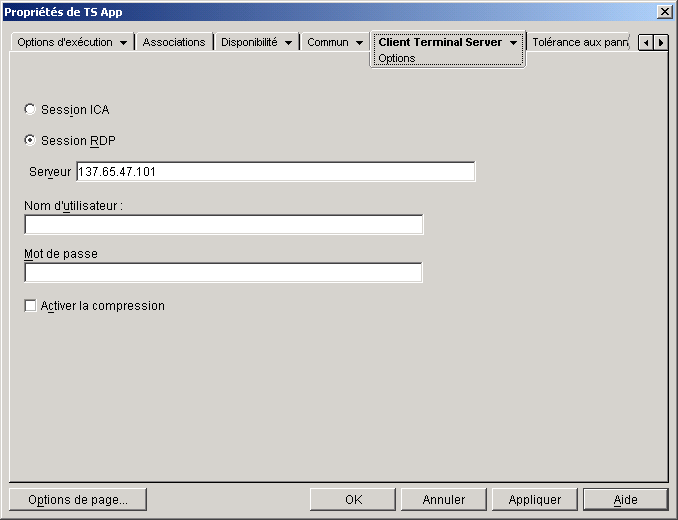 Objet Application > onglet Client Terminal Server > page Options