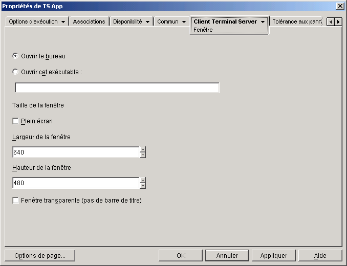 Objet Application > onglet Client Terminal Server > page Fentre