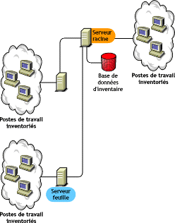 Serveur racine au niveau le plus haut, auquel sont attachs des postes de travail inventoris. De plus, plusieurs serveurs feuille sont attachs  ce serveur racine avec postes de travail inventoris.